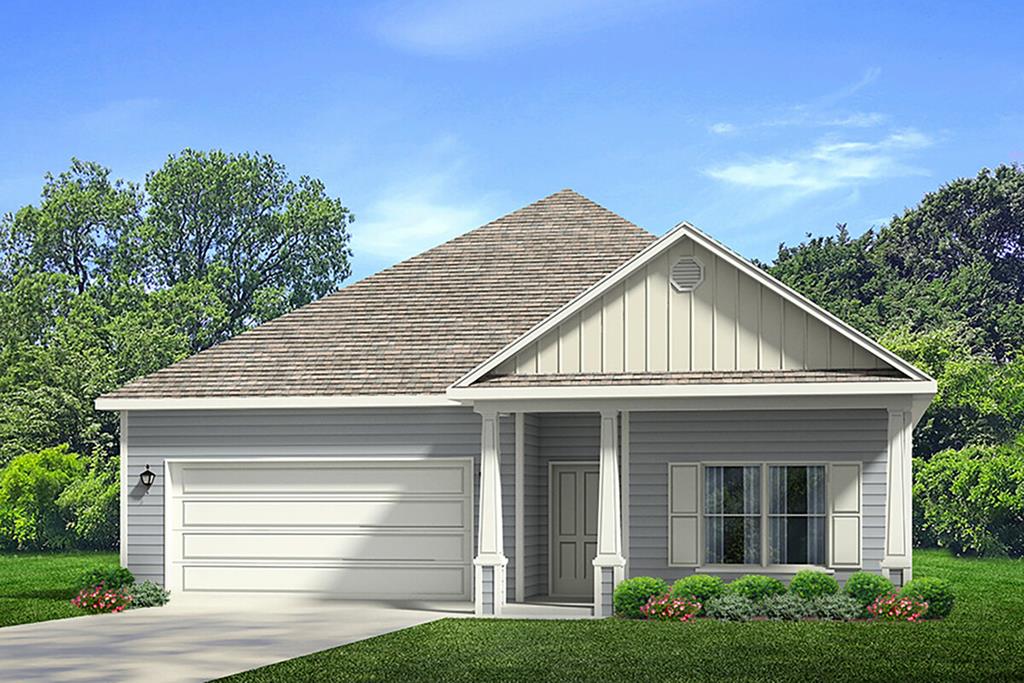 Gray single-story house with a two-car garage, front gable, and landscaped lawn.