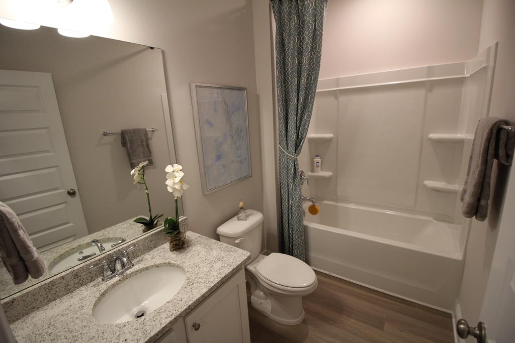 Bathroom with granite vanity, white tub-shower, and patterned curtain.