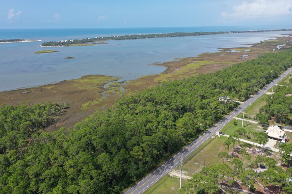 Aerial view of wooded coastal land beside marsh, bay, and a highway.