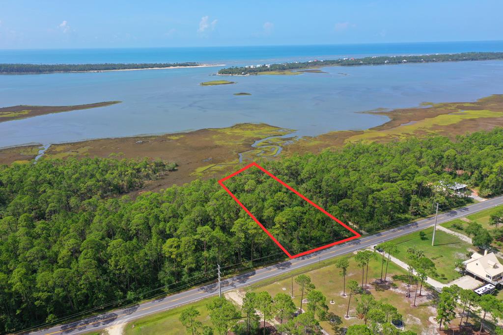 Aerial view of wooded waterfront lot outlined in red beside a coastal road.
