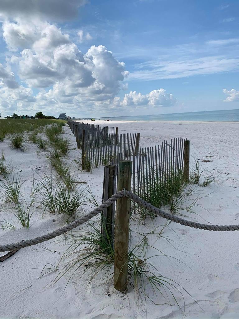 Sandy beach with dune grass, a wooden fence, and calm water beneath a cloud-filled sky.