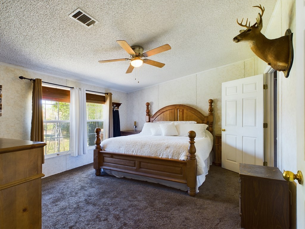 Bedroom with a large wooden bed, ceiling fan, two windows, and a mounted deer head.