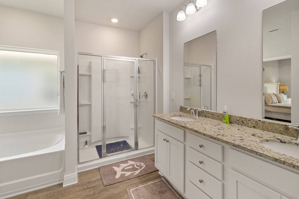 Bathroom with a glass shower, soaking tub, and granite double-sink vanity.