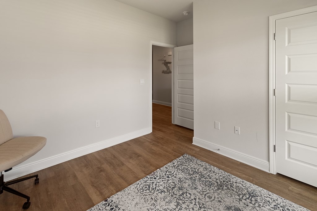 Interior room with wood-look flooring, a patterned rug, and an open doorway.