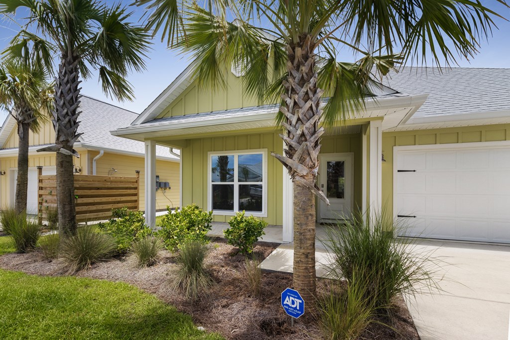 Pale green house with an attached garage, palm trees, and landscaped front yard.