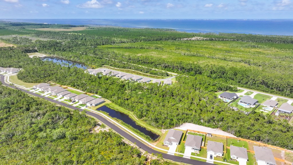 Aerial view of homes among green woodland and ponds, with the ocean along the distant shore.