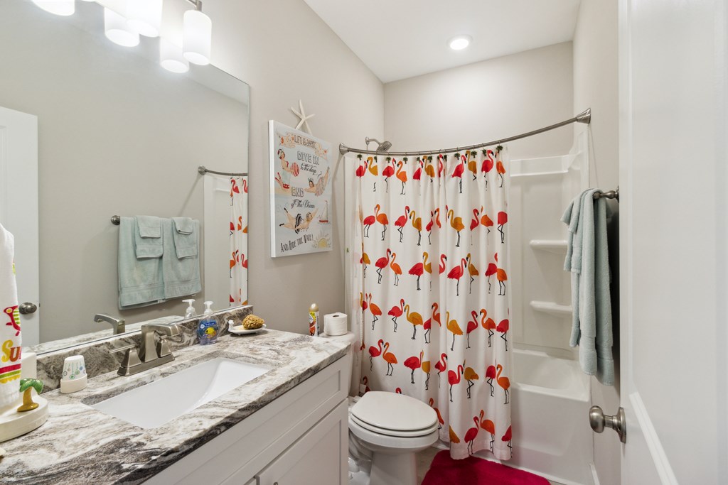 Bathroom with a granite-pattern vanity top and a flamingo-print shower curtain.