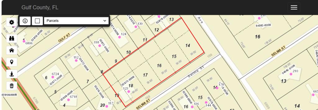 Parcel map with lots outlined in red along Selma Street near Gulf Street.