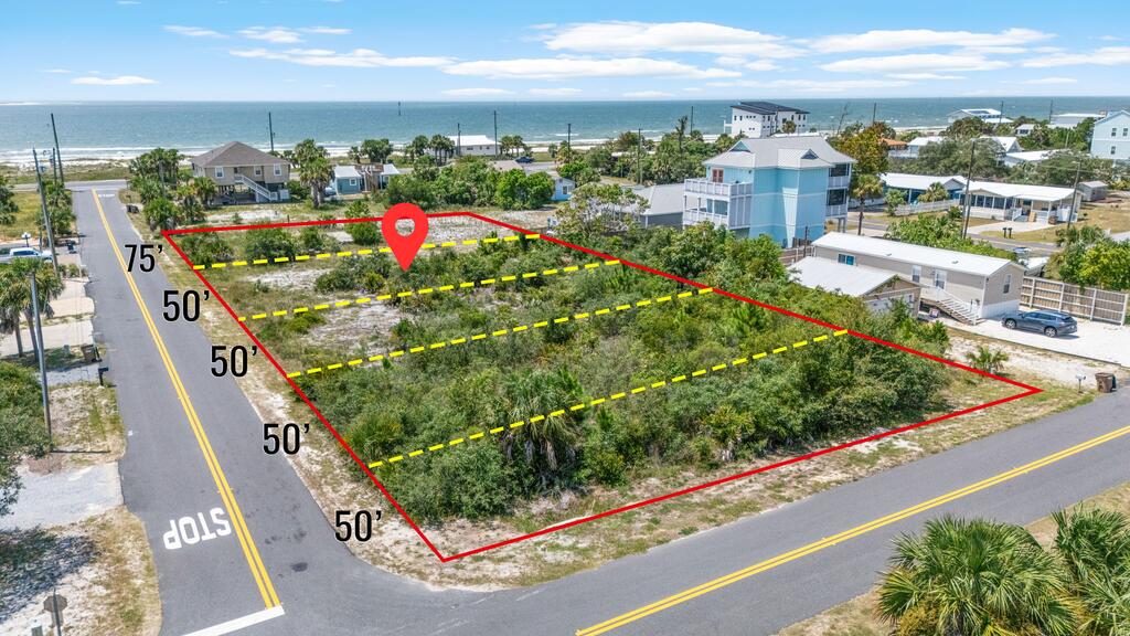 Aerial view of an overgrown corner lot marked with boundary and measurement lines, near homes and the ocean.
