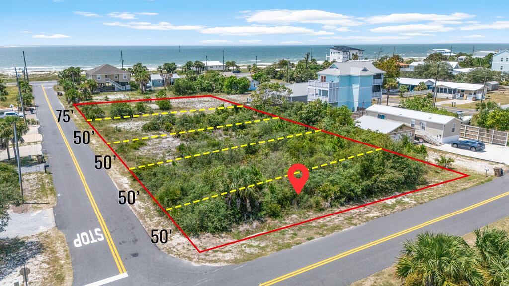 Aerial view of an overgrown corner lot marked with boundary and measurement lines, with the ocean nearby.