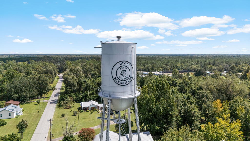 Aerial view of Wewahitchka’s water tower above a tree-lined road and scattered homes.