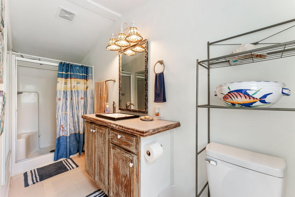 Bathroom with a distressed wood vanity, blue shower curtain, and colorful fish-shaped vessel on shelving.