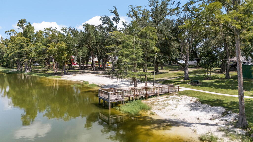 Aerial view of a tree-lined pond with a wooden dock and sandy shore.