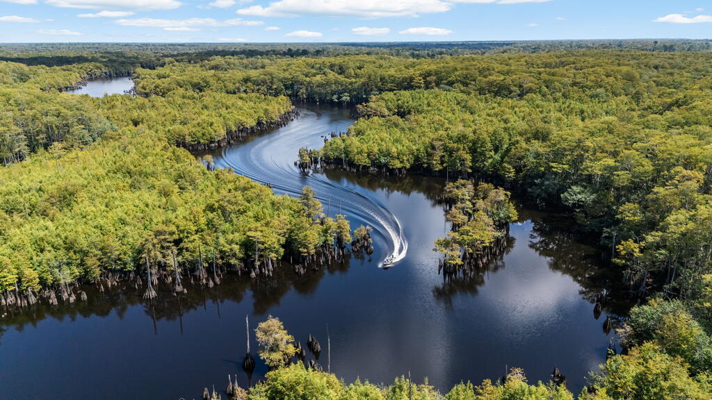 Aerial view of a winding river through dense forest, with a boat leaving a wake.