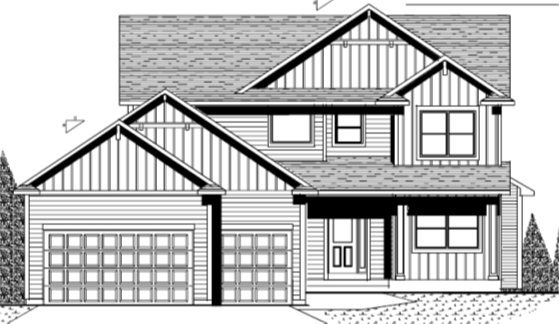 Two-story house rendering with multiple gables and an attached two-car garage.