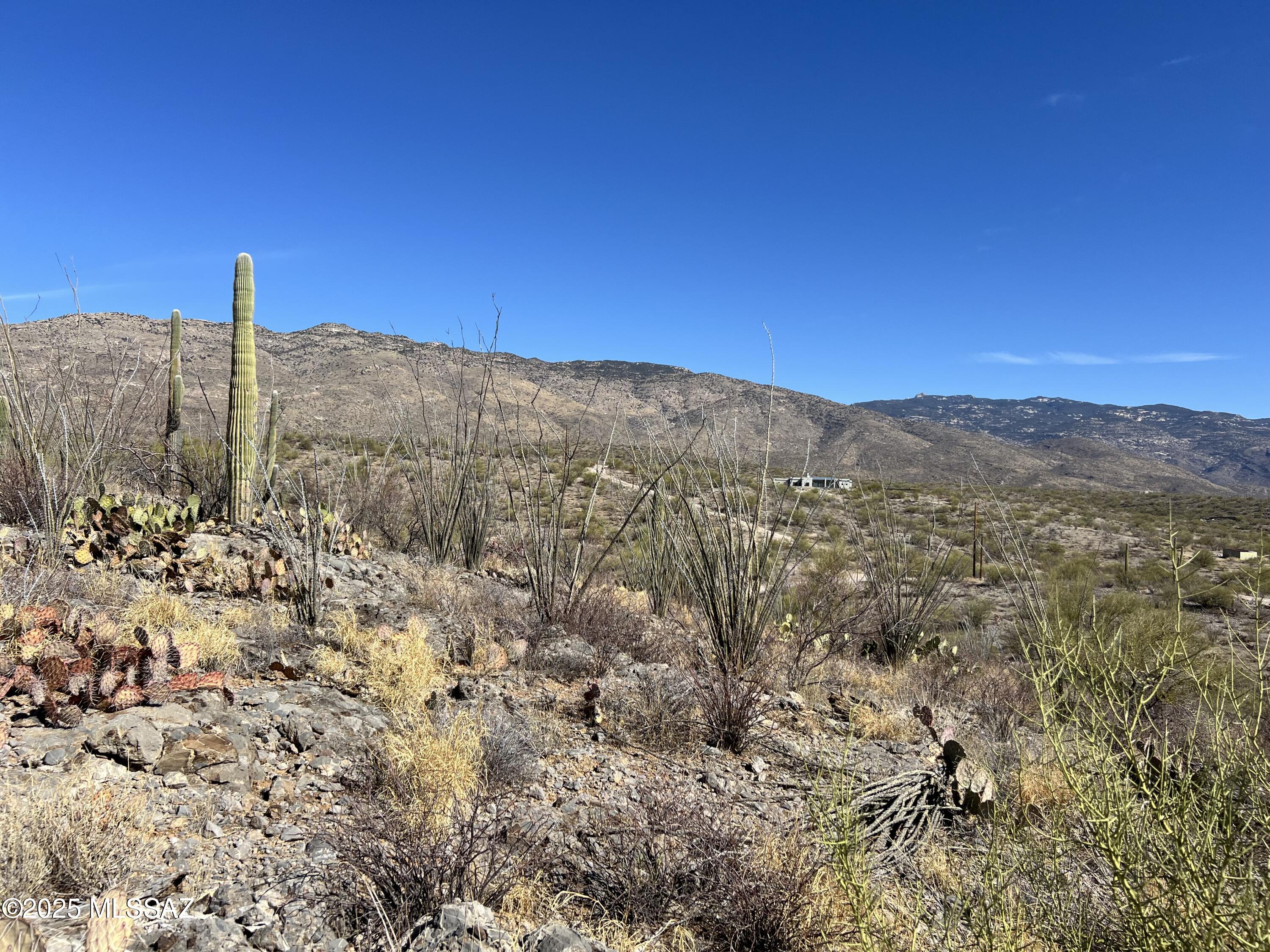 Rocky desert property with saguaros and prickly pear, backed by distant mountain ridges.
