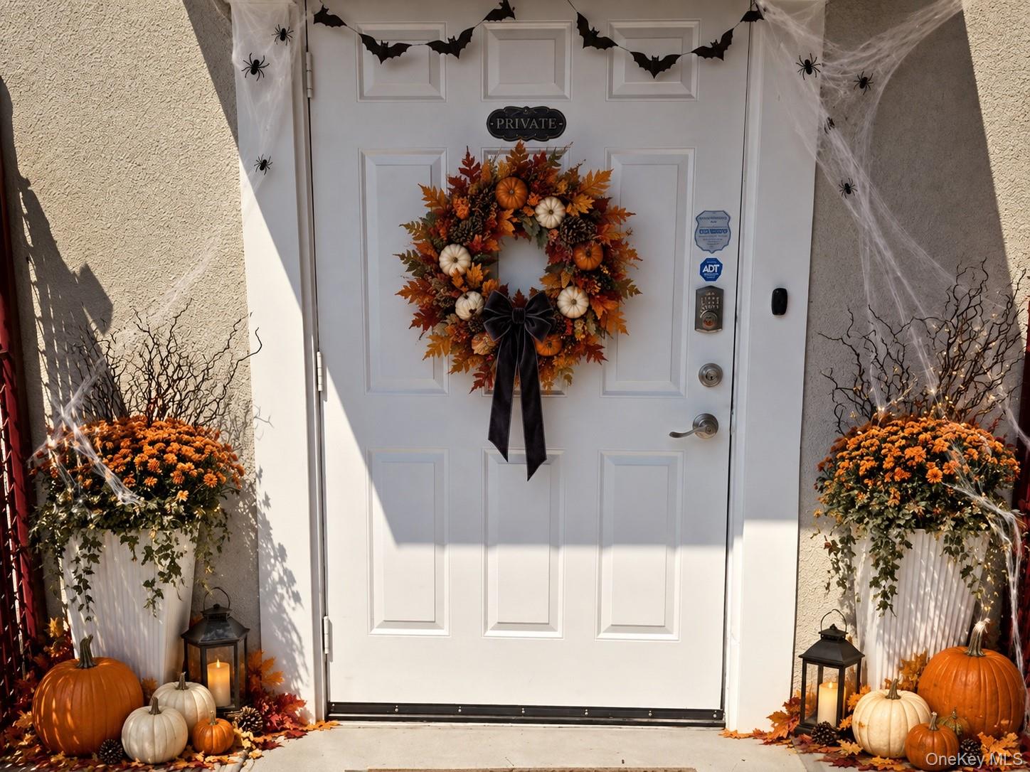 White front door with a pumpkin wreath, hanging bats, faux spiderwebs, and pumpkin-filled planters.