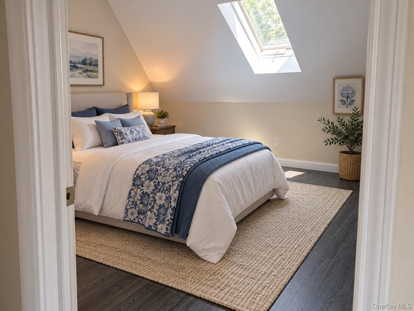 Attic bedroom with blue-and-white bedding, a skylight, and a large woven rug.