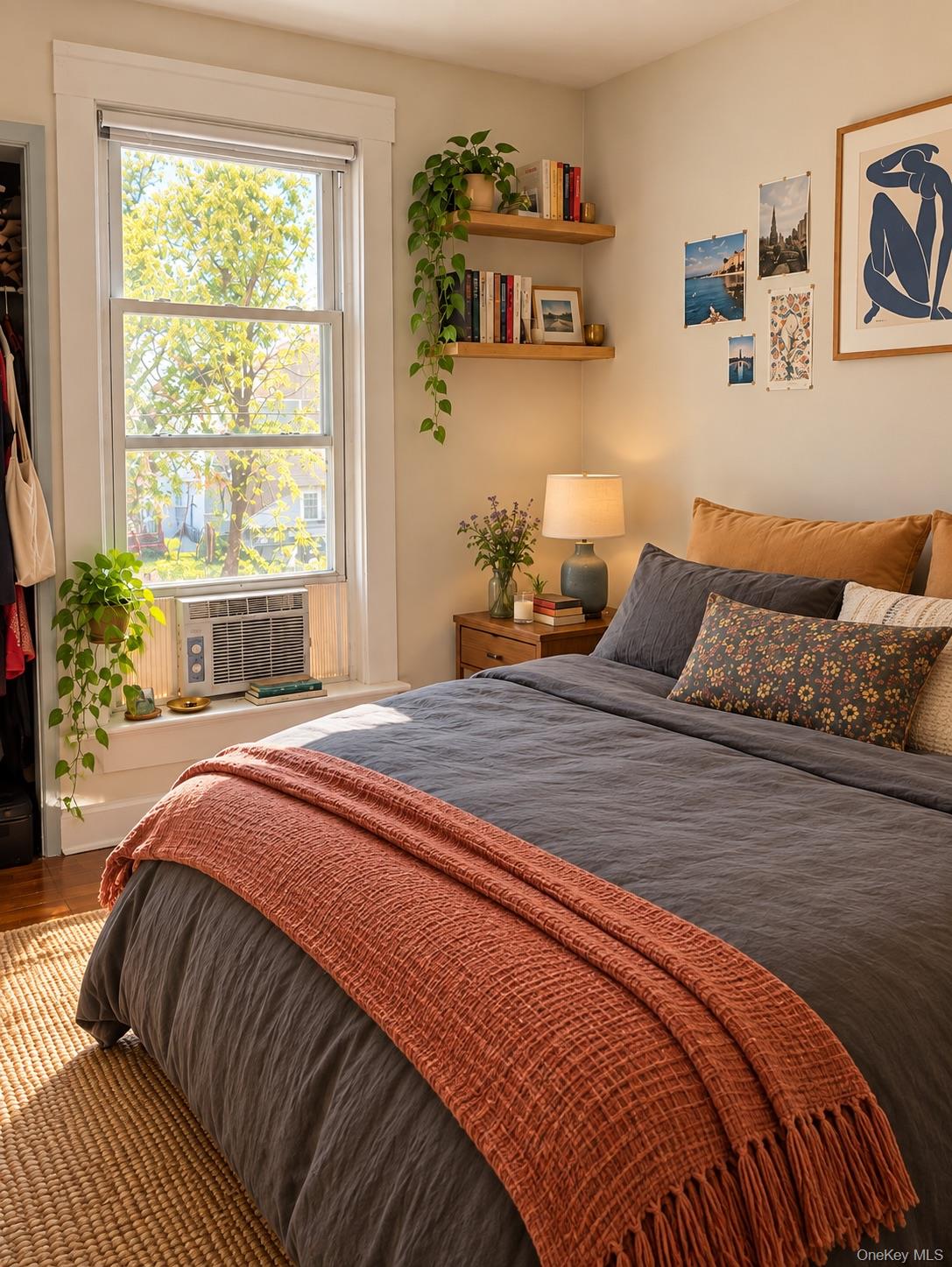 Bedroom with charcoal bedding, a rust-colored throw, and a sunny window with an air conditioner.