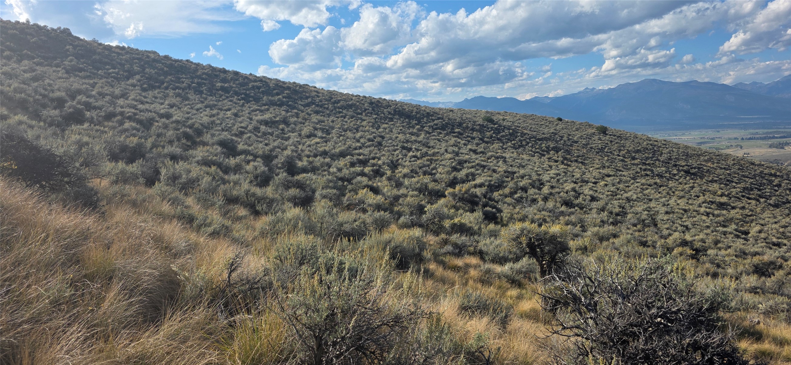 Vacant hillside lot covered in sagebrush, overlooking a valley and distant mountains.