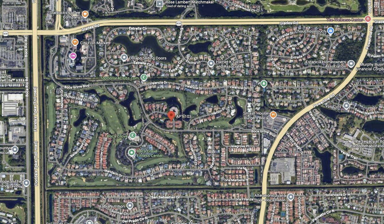 Map marking apartment 103 near Boca Grove Boulevard in Boca Raton.