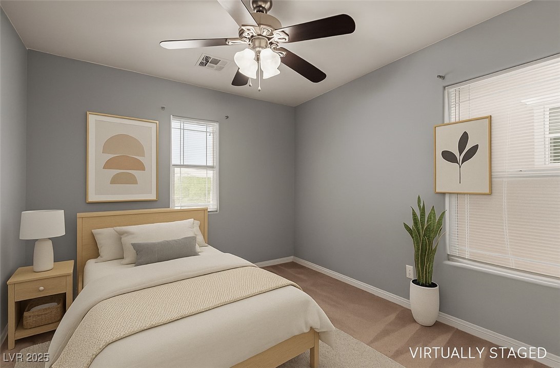 Virtually staged bedroom with white bedding, gray walls, and a light wood bed frame.