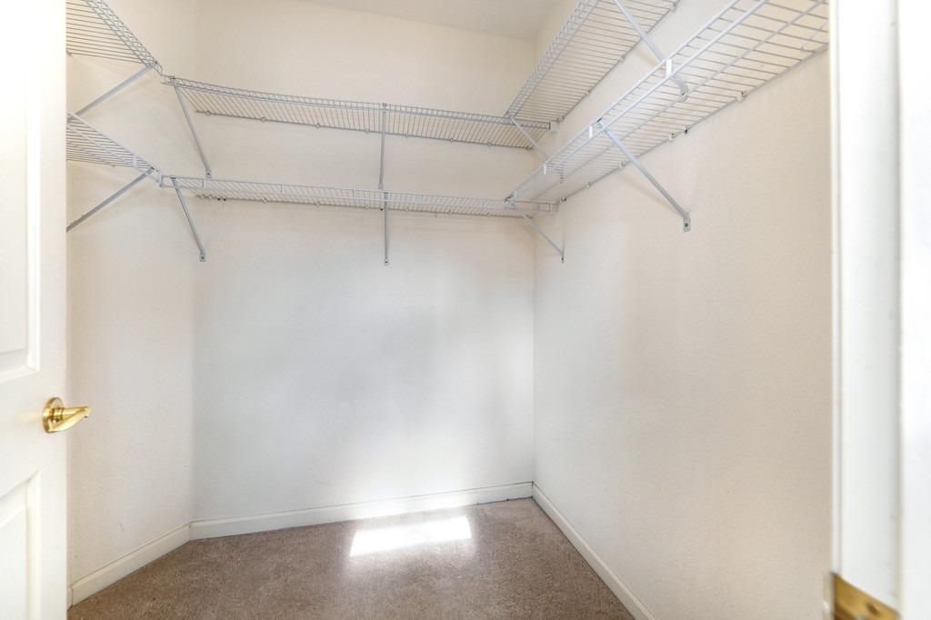 Empty walk-in closet with wire shelving and a patch of sunlight on the carpet.