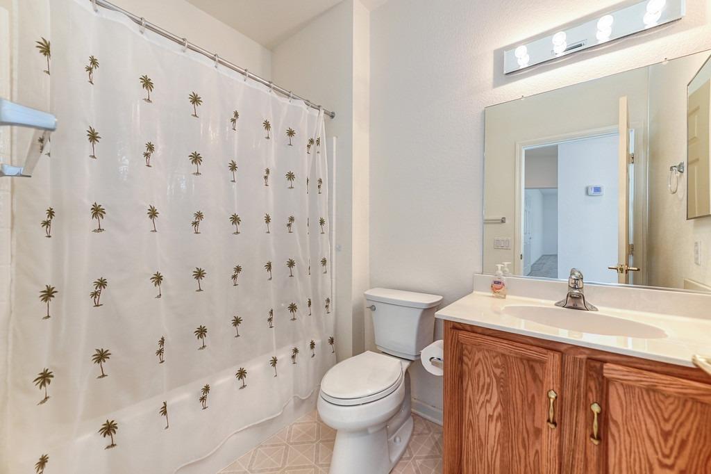 Bathroom with a palm-tree-patterned shower curtain and wood vanity.