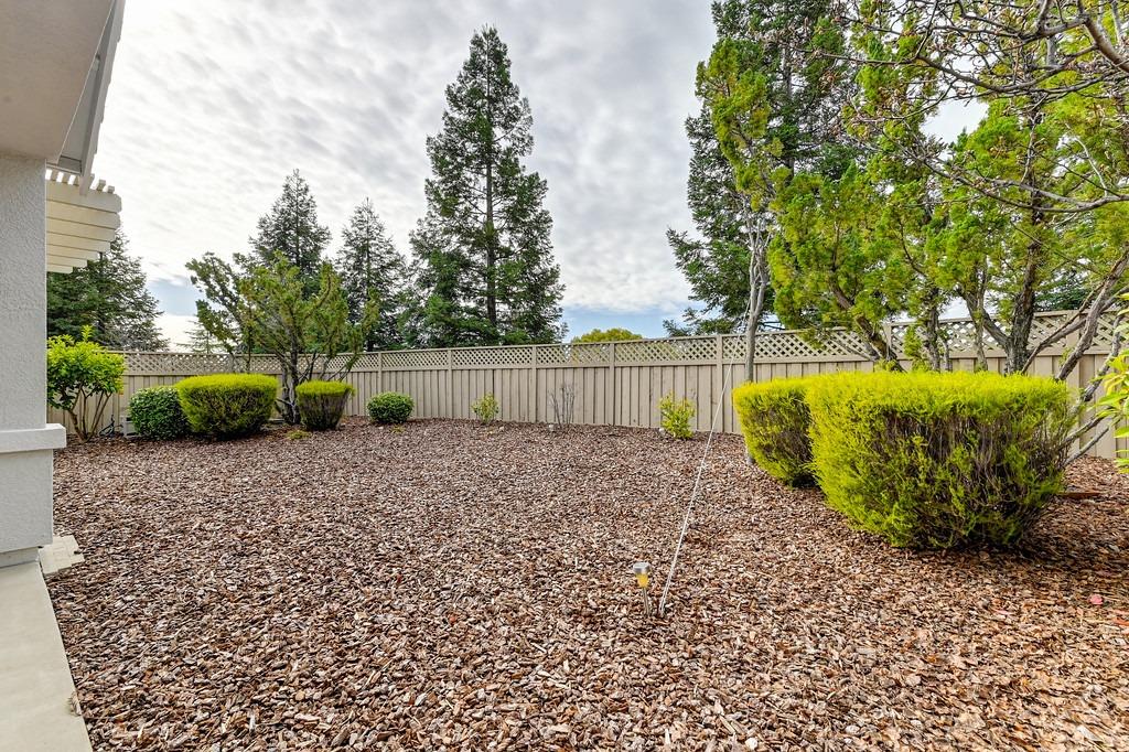 Backyard with wood-chip ground cover, trimmed shrubs, mature trees, and a tall privacy fence.
