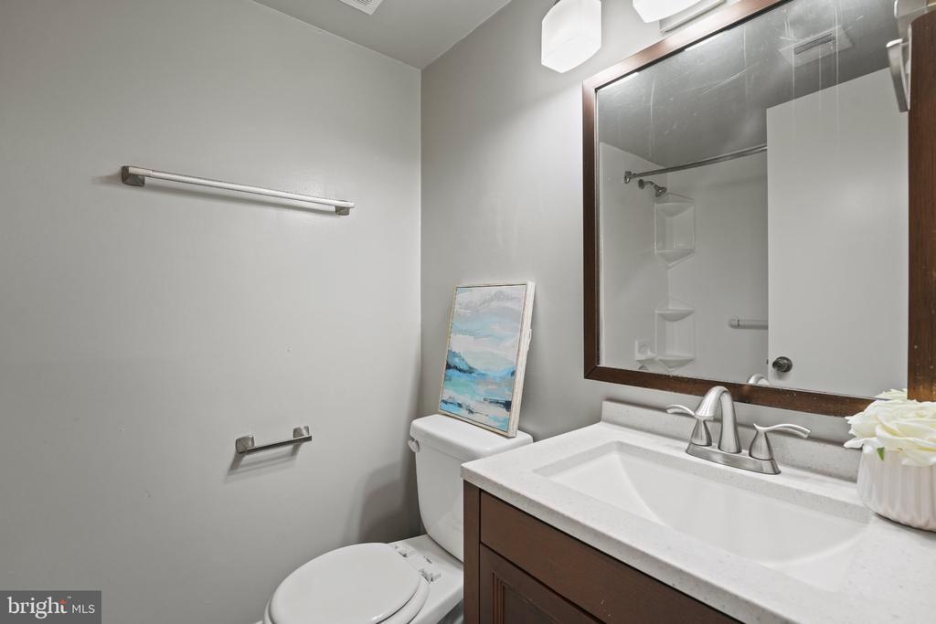 Bathroom with a dark wood vanity, large mirror, and artwork resting on the toilet tank.