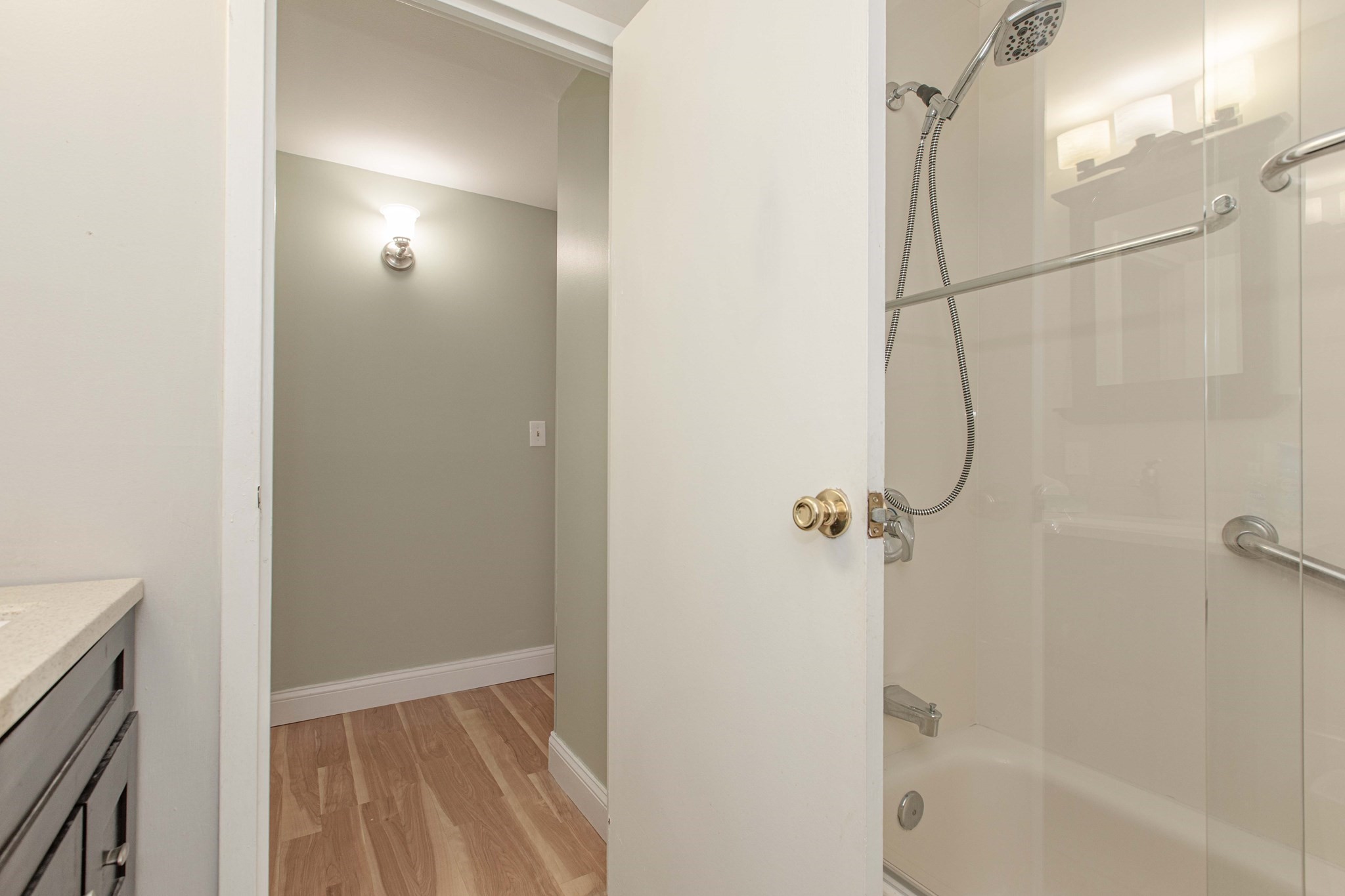 Bathroom with glass shower enclosure and grab bars beside an open door to a wood-floored hallway.