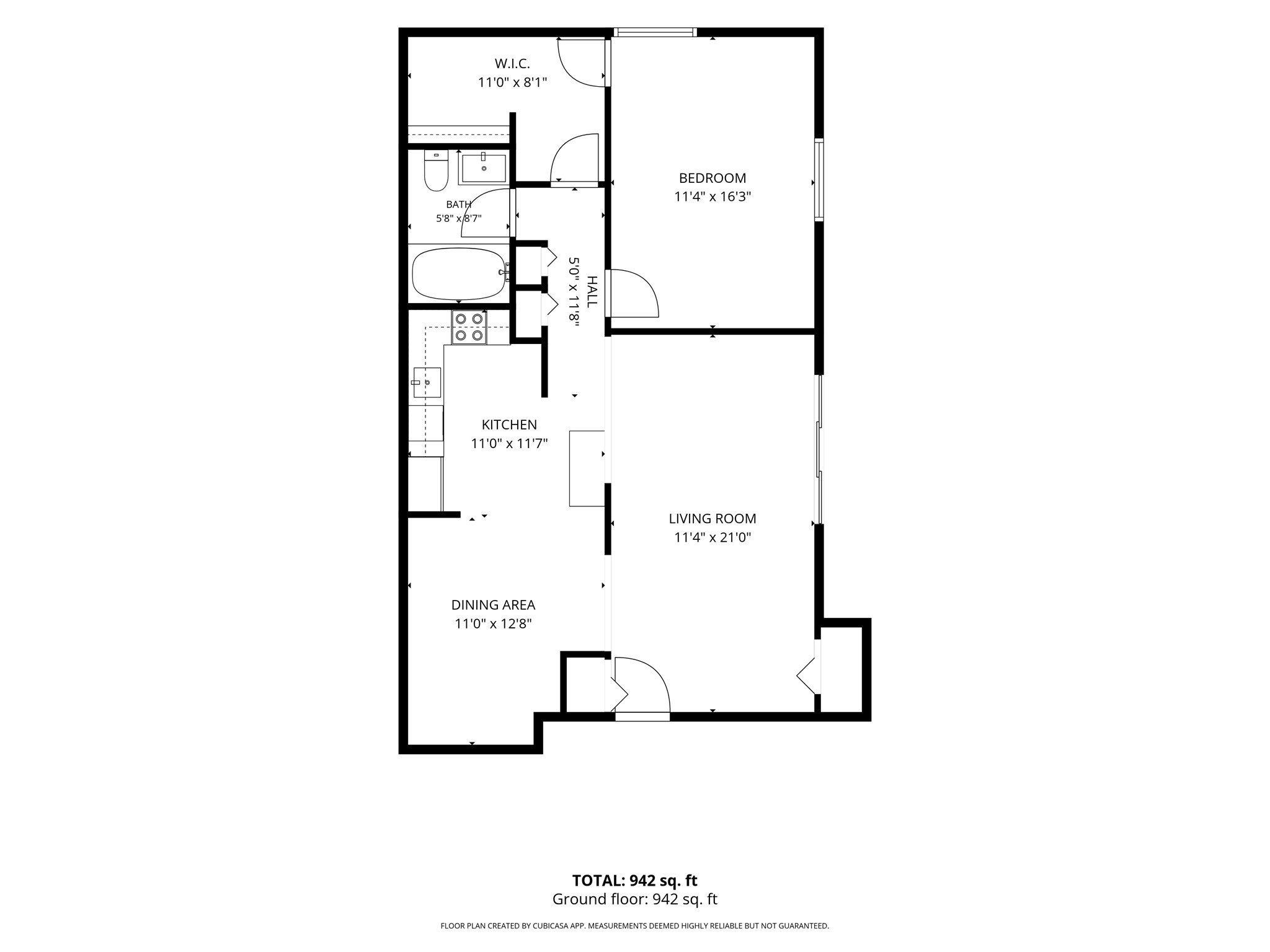 Floor plan showing a bedroom, walk-in closet, bathroom, kitchen, dining area, and living room; 942 square feet.
