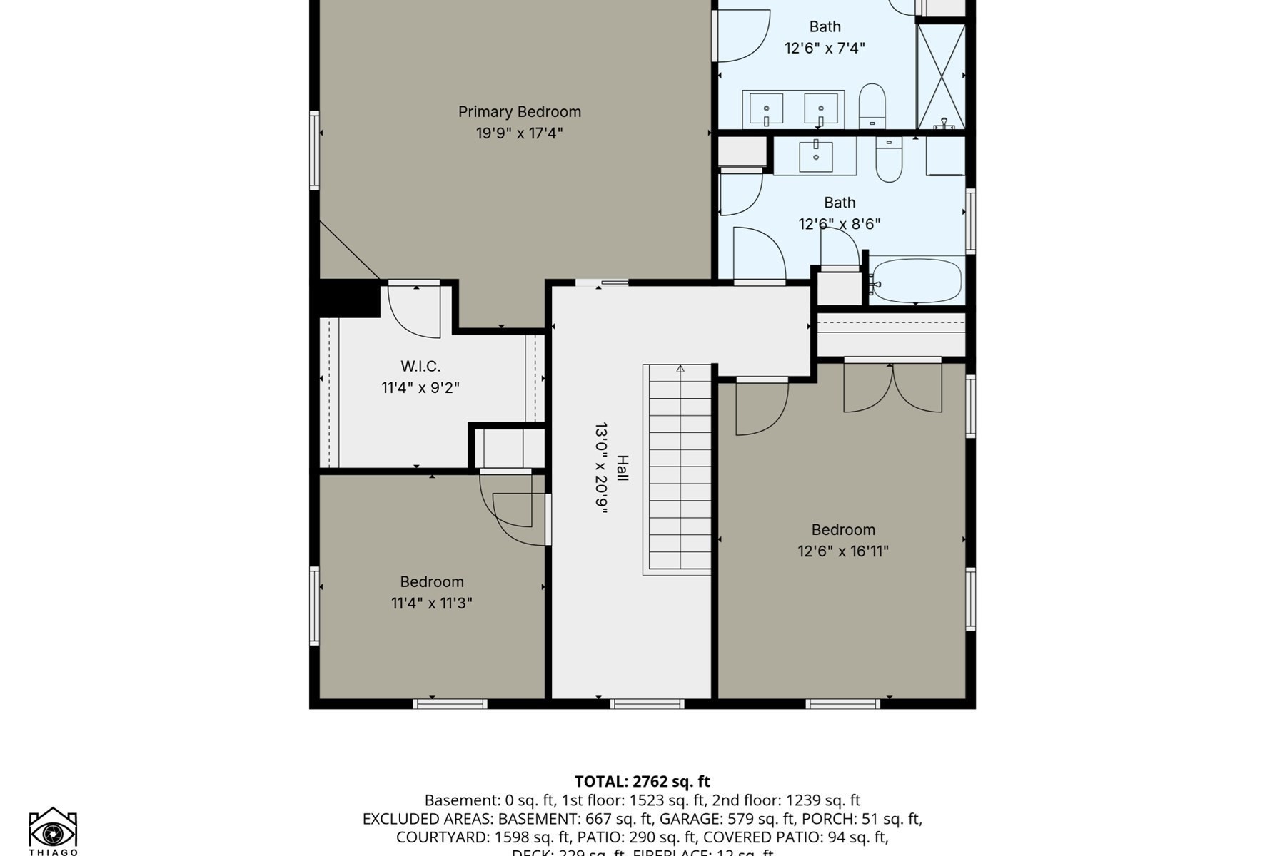 Second-floor plan showing three bedrooms, two bathrooms, a walk-in closet, hall, and stairs.