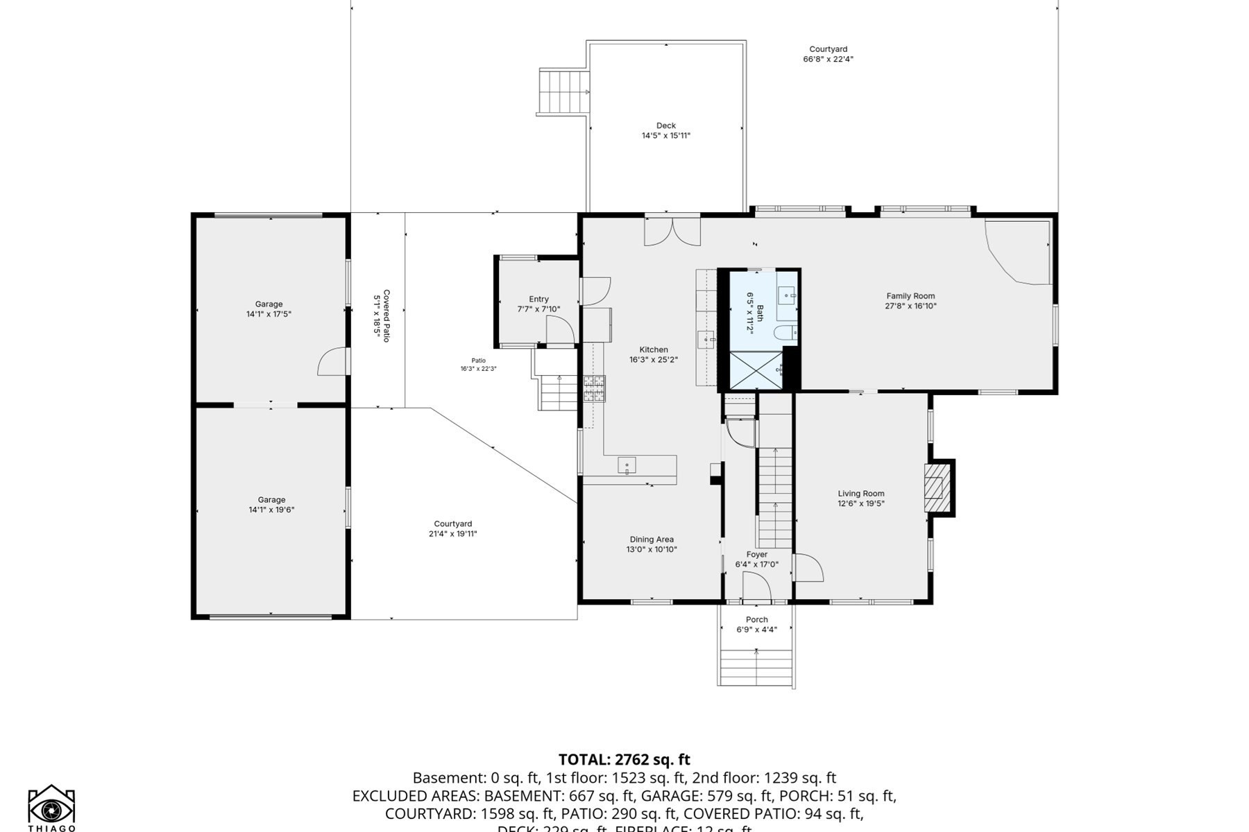 Floor plan showing the home's room layout, two-car garage, courtyard, patios, and deck.