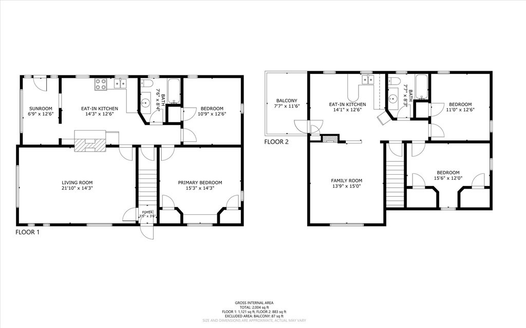 Two-level floor plan showing room layouts, dimensions, and total area.