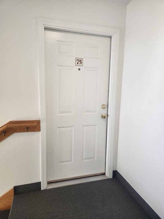 Apartment entry door marked 75, with a dark carpeted landing and wooden handrail.