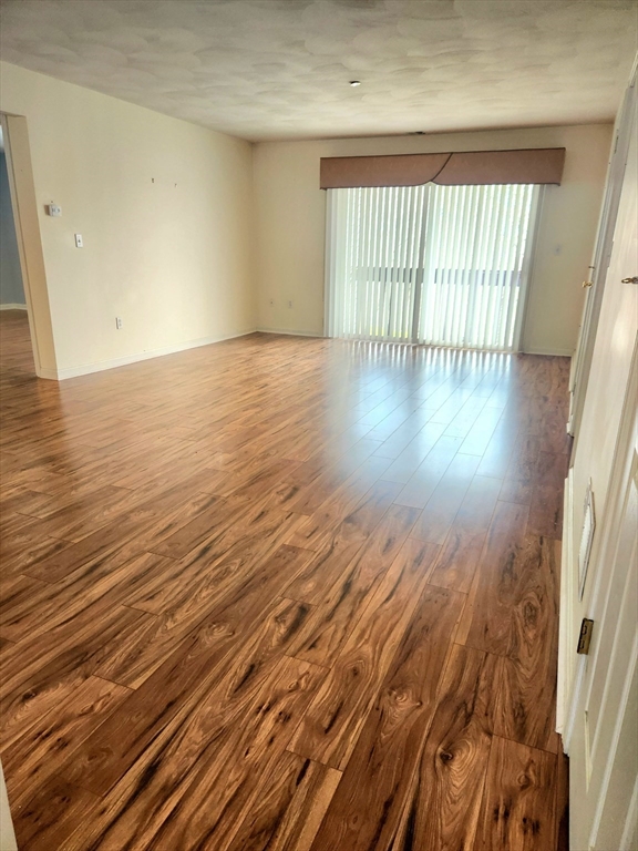 Empty living room with wood-look flooring and a sliding glass door with vertical blinds.