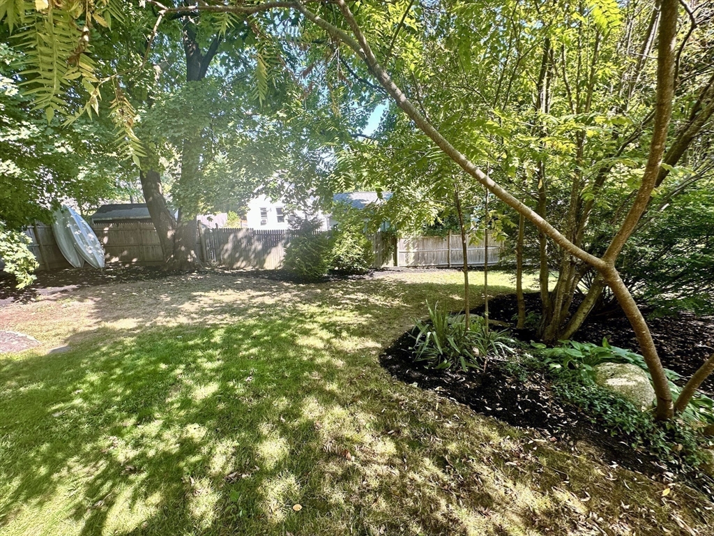 Shaded backyard with a broad lawn, mature trees, garden beds, and a wooden fence.