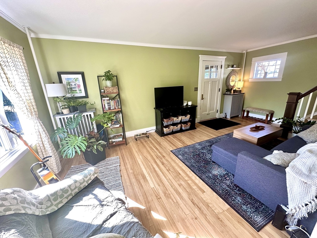 Living room with pale green walls, hardwood floors, blue sectional, and patterned rug.