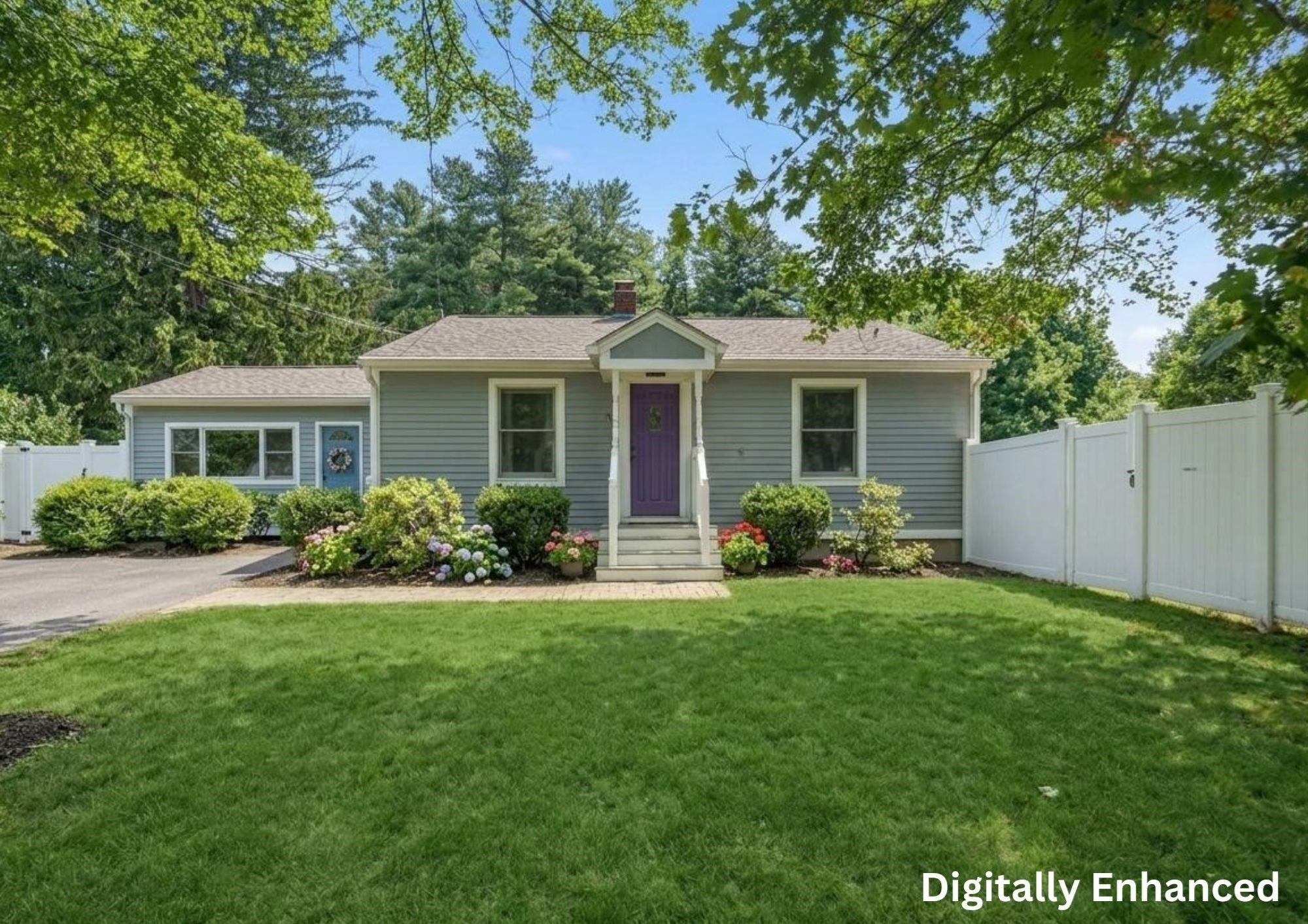Gray single-story house with a purple front door, flowering shrubs, lawn, and white privacy fence.