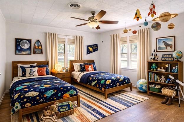 Bedroom with two space-themed beds, hanging planets and rockets, and a striped rug.