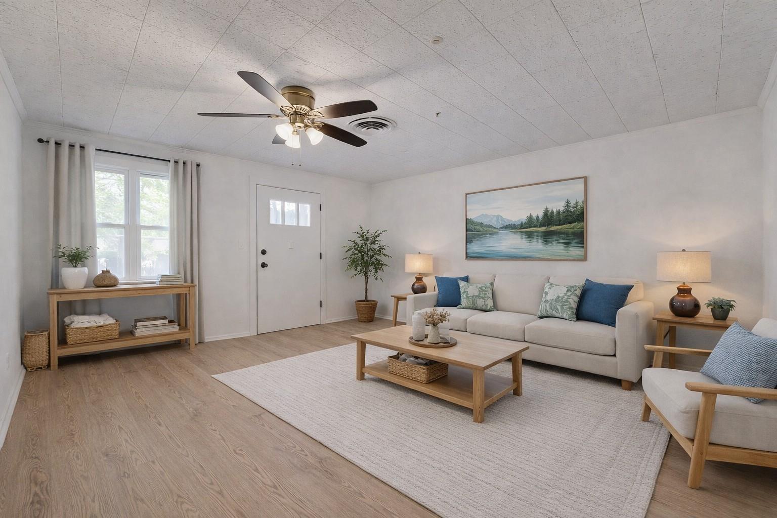 Staged living room with a white sofa, blue and green cushions, and a wood coffee table.