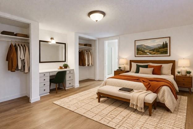Staged bedroom with rust-accented bedding, a bench, open closets, and a built-in vanity.