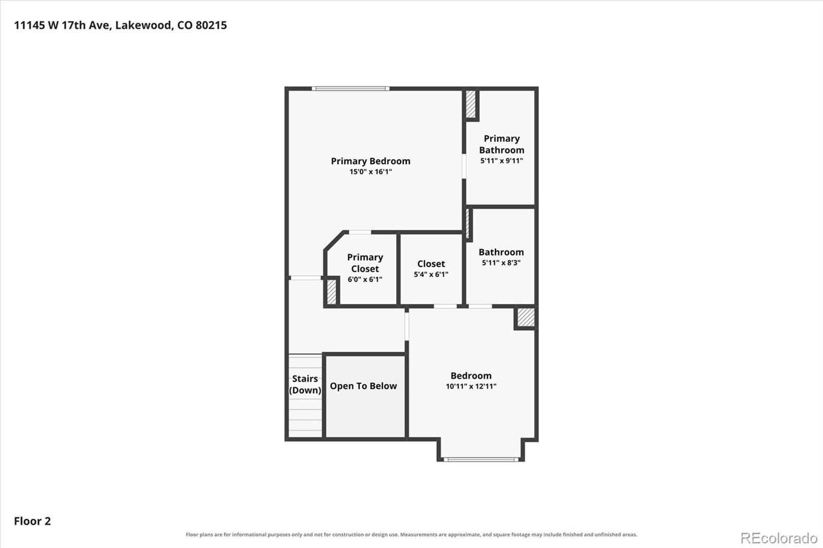 Second-floor plan with two bedrooms, two bathrooms, closets, stairs, and an open-to-below area.