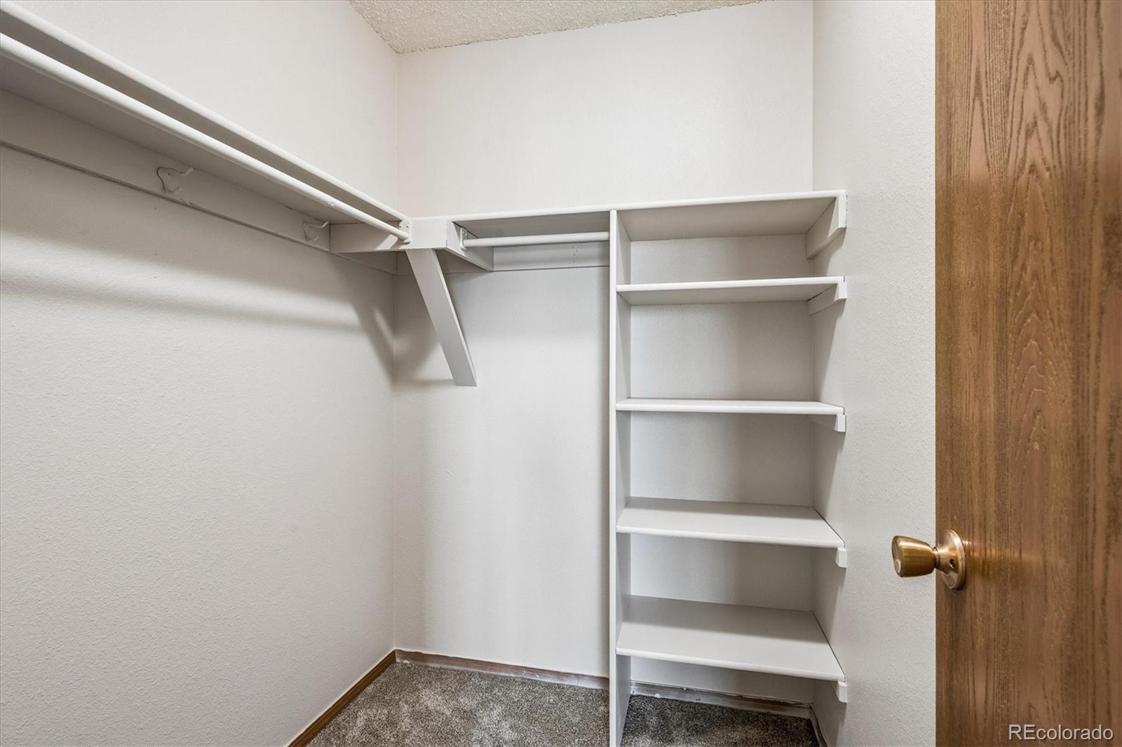 Walk-in closet with white shelving and hanging rods, gray carpet, and a wooden door.