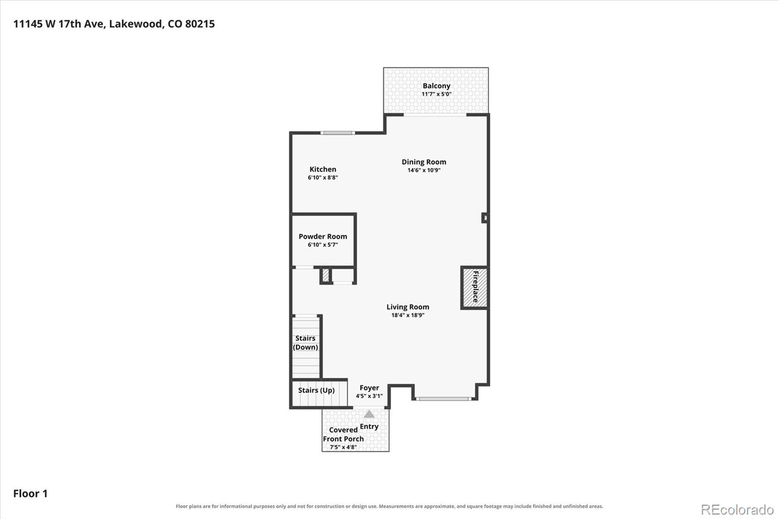First-floor plan showing the living and dining rooms, kitchen, powder room, fireplace, stairs, porch, and balcony.