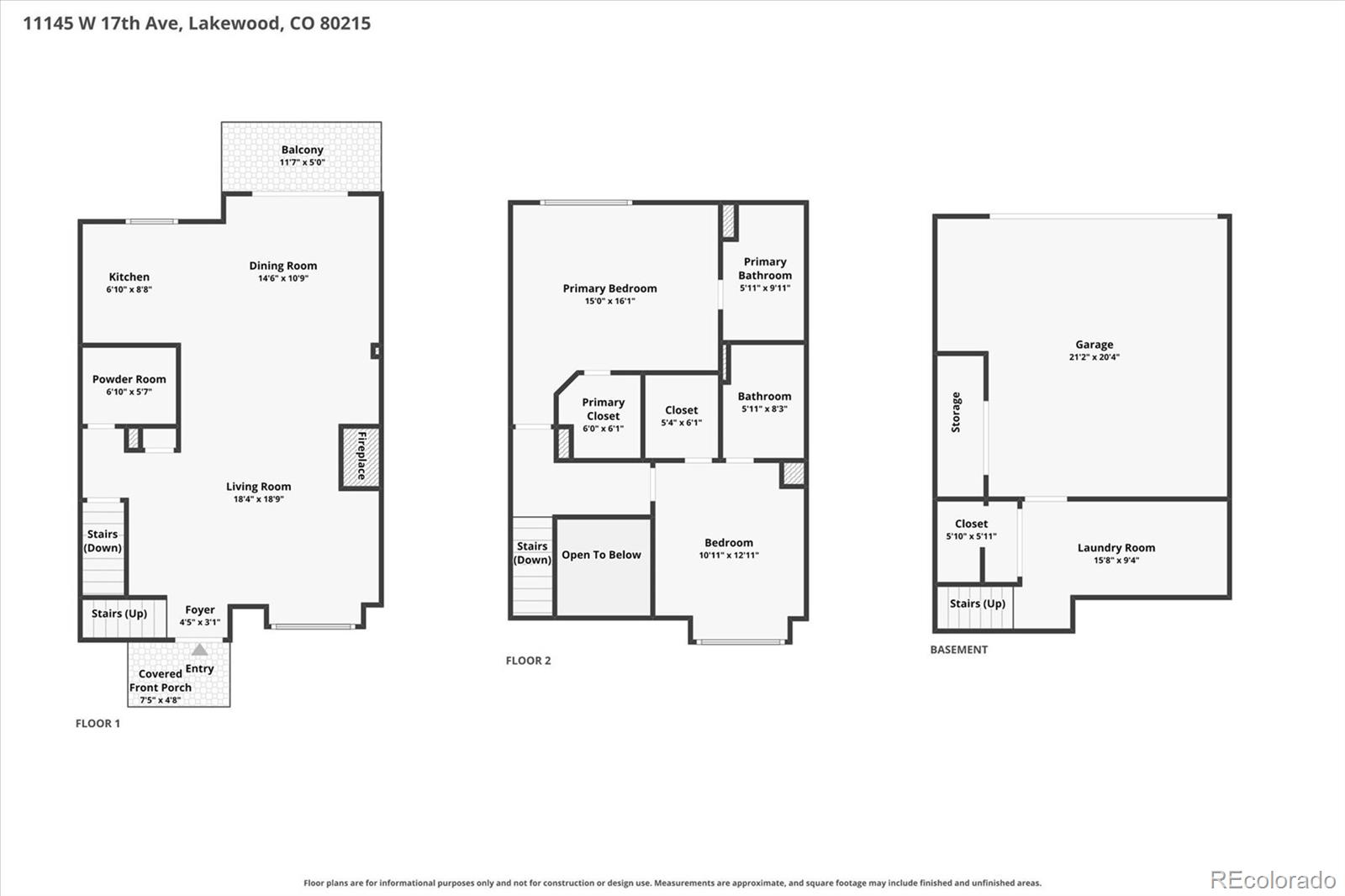 Three-level floor plan showing room layouts, dimensions, balcony, covered front porch, garage, and laundry room.
