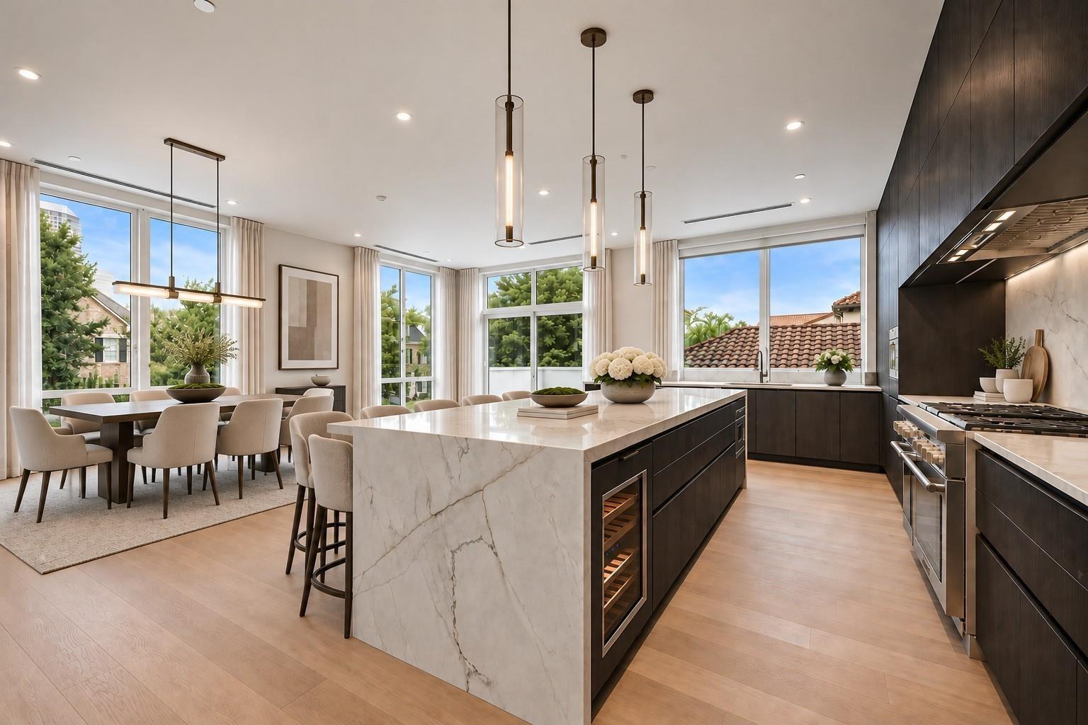 Open-plan kitchen and dining area with a marble island, dark cabinetry, and large windows.
