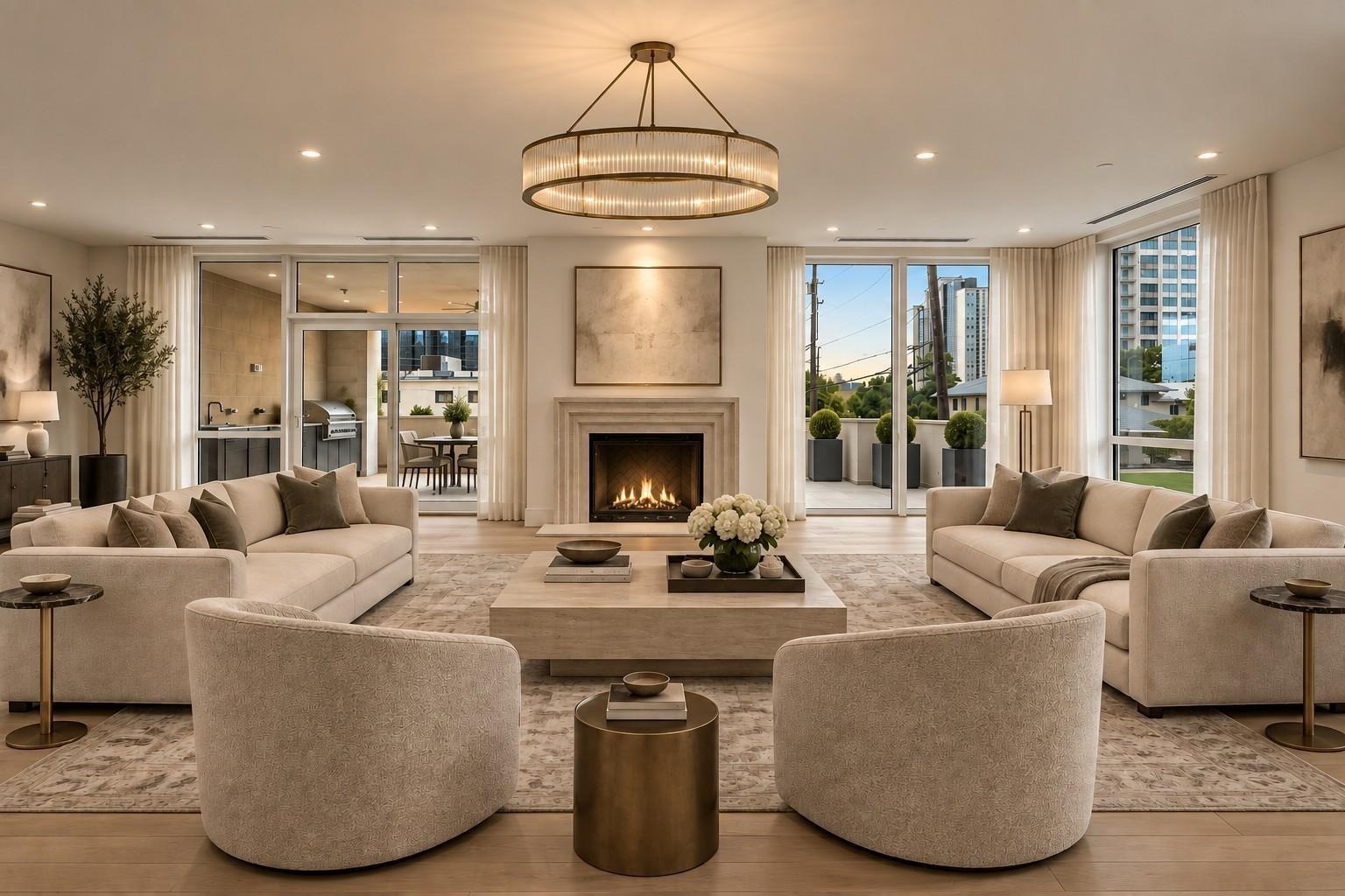 Penthouse living room with a fireplace, cream seating, and windows overlooking nearby city buildings.