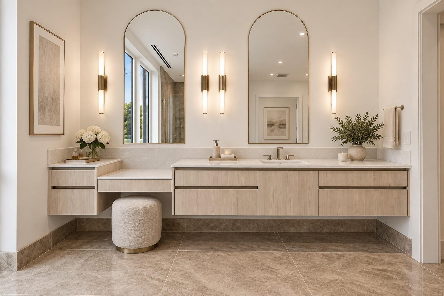Modern bathroom vanity with light-wood cabinets, twin arched mirrors, and a cushioned stool.